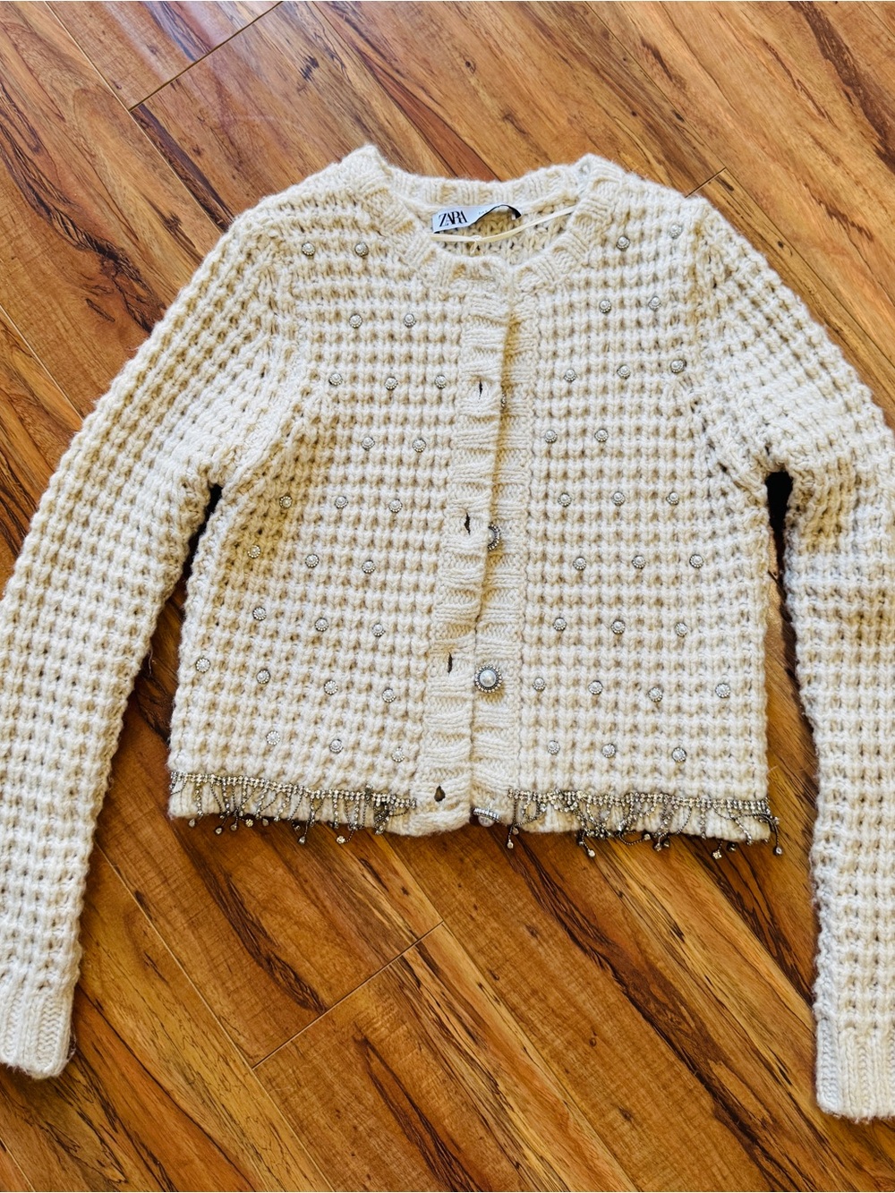Zara Cream Knit Cardigan with Pearl & Rhinestone Button
